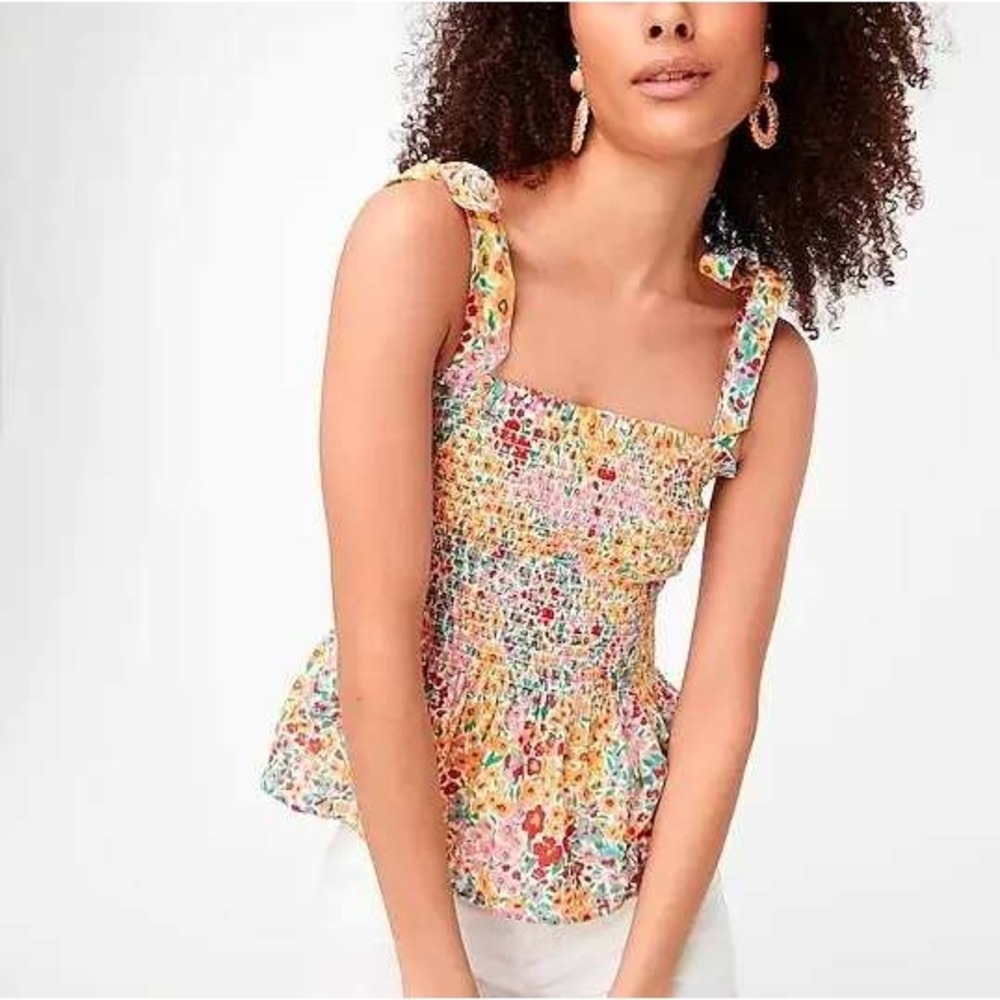 J.Crew‎ Factory Womens XS Smocked Peplum Top Ditzy Floral Tie Shoulder Coquette